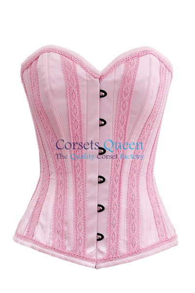 Achtel Baby Pink Satin Overbust Corset With Lace Trims - Corsets Queen US-CA