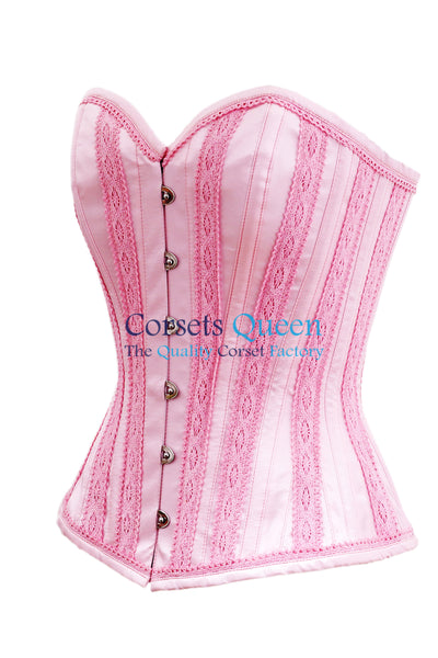 Achtel Baby Pink Satin Overbust Corset With Lace Trims