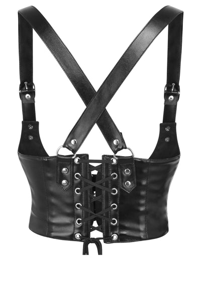 Koral Black Faux Leather Harness Corset | Corsets Queen US-CA