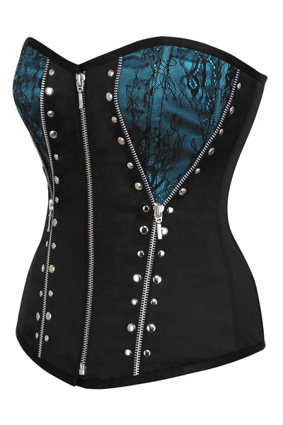 Kinsley Turquoise Satin Black Net overlay Overbust Corset