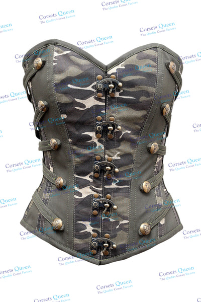 Pau Camouflage Print & Green Twill Overbust Corset - Corsets Queen US-CA