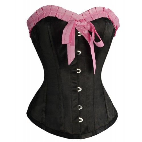 Albertina Black Satin Overbust Corset With Pink Frill Corsets Queen US-CA Albertina Black Satin Overbust Corset With Pink Frill Corsets Queen US-CA