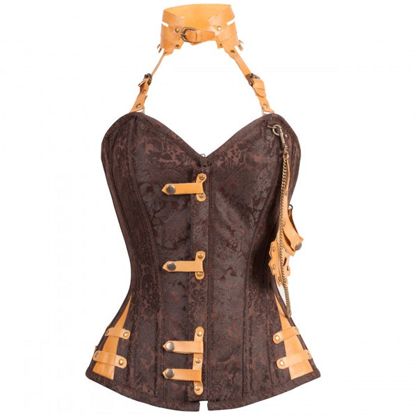 Hall Brown Steampunk Corset With Attached Neck Gear - Corsets Queen US-CA
