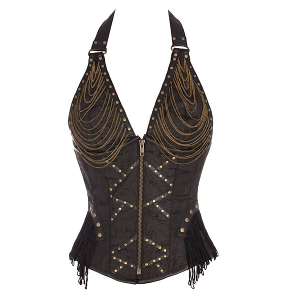Axel Black Steampunk Halterneck Corset with Zip Detail - Corsets Queen US-CA