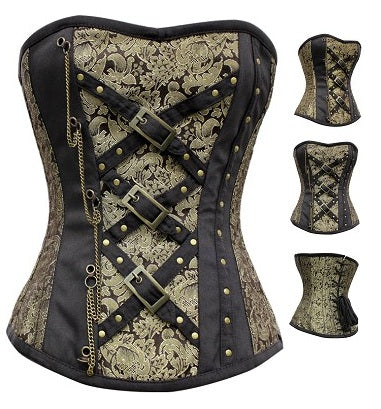 Elctra Gold Black Brocade Corset With Chain
