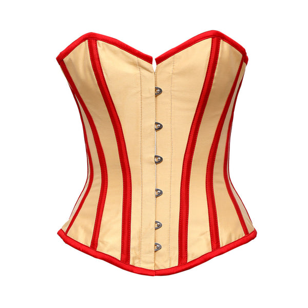 Chilwel Beige Taffeta Overbust Corset With Red Taffeta Trim - Corsets Queen US-CA