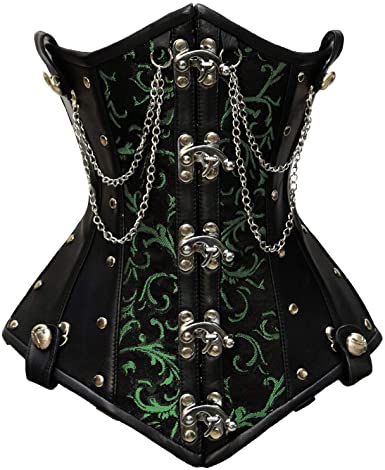 Crawford Green Brocade & Faux Leather Underbust Corset With Chain Deta Corsets Queen US-CA Crawford Green Brocade & Faux Leather Underbust Corset With Chain Deta Corsets Queen US-CA