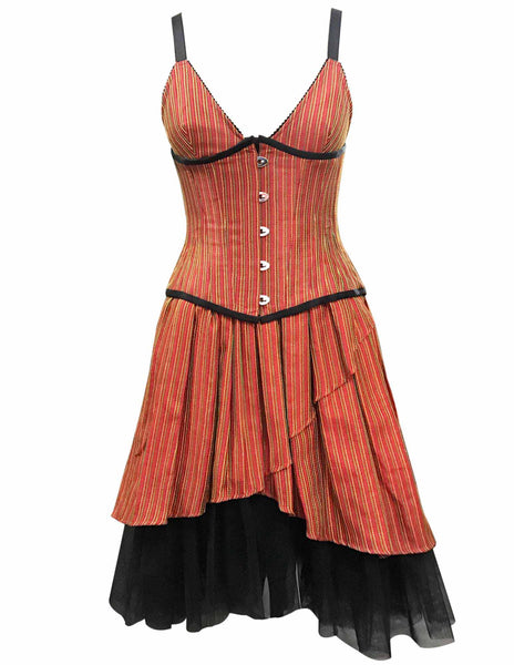 Amblin Orange Taffeta With Yellow Green Stripe Underbust Corset - Corsets Queen US-CA