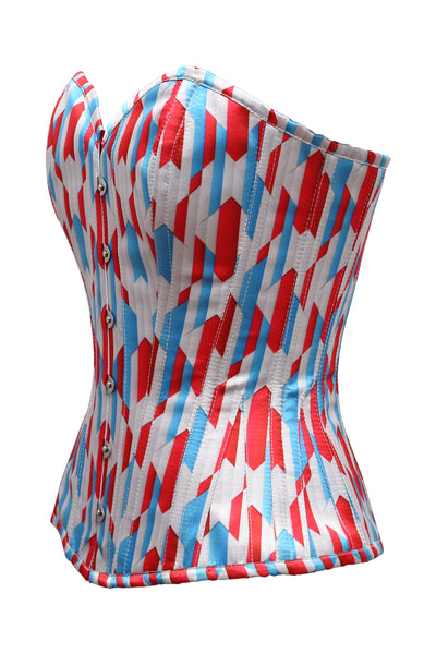Rylee Red White Blue Zig Zag Print Satin Overbust Corset Corsets