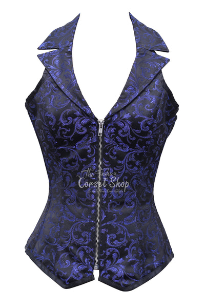 Studi Black Blue Brocade Overbust Corset With Zip Front