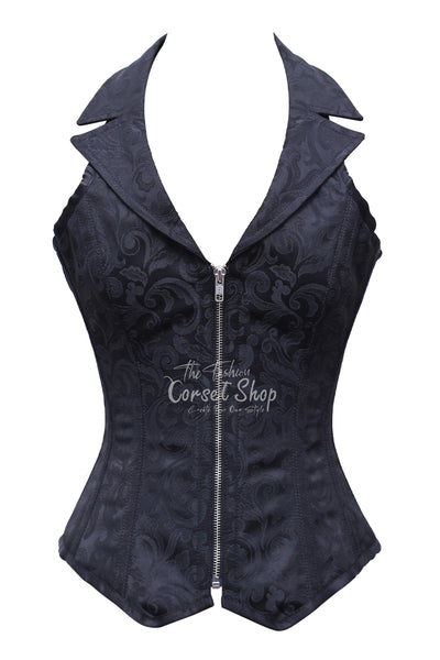 Lindsi Black Brocade Overbust Corset With Zip Front