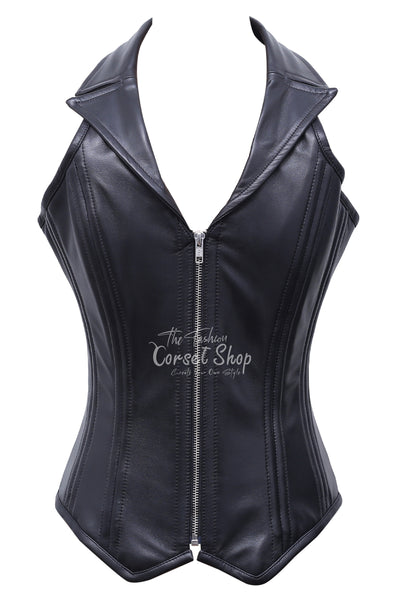 Kiri Black Leather Overbust Corset With Zip Front