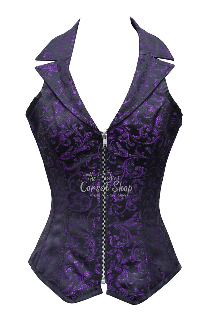 Bink Black Purple Brocade Overbust Corset With Zip Front