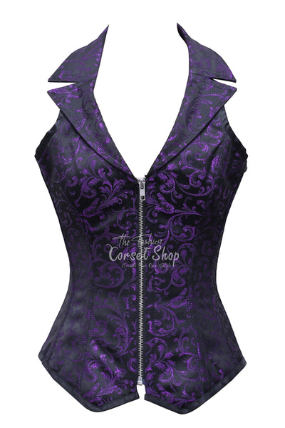 Bink Black Purple Brocade Overbust Corset With Zip Front