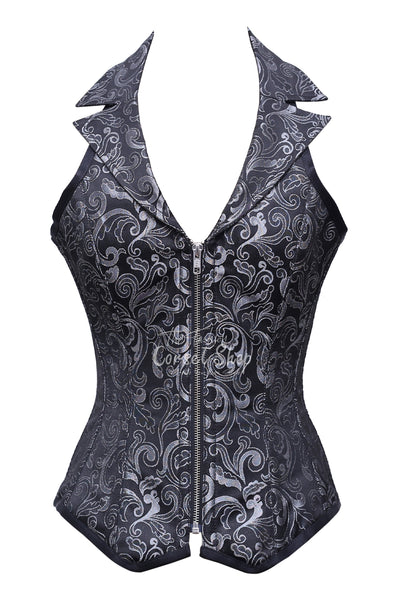 Paltrow Black Silver Brocade Overbust Corset With Zip Front