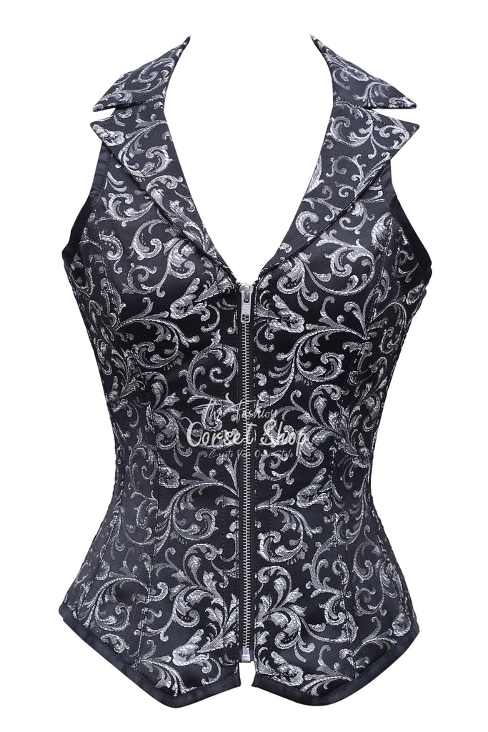 Alcock Black Silver Brocade Overbust Corset With Zip Front