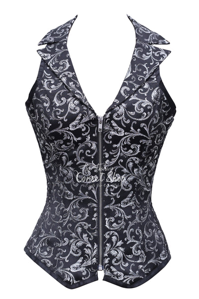 Alcock Black Silver Brocade Overbust Corset With Zip Front