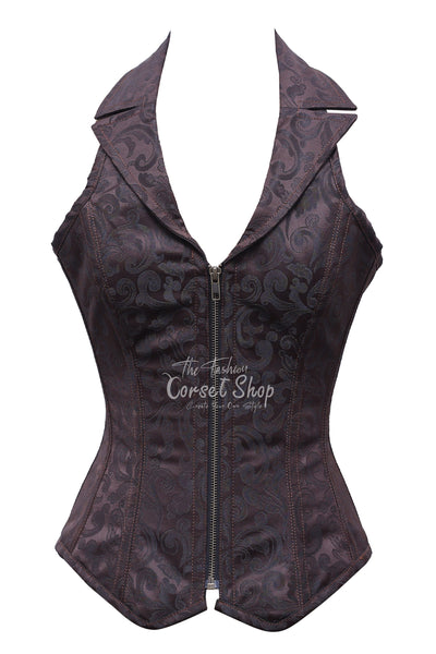 Drescher Coffee Black Brocade Overbust Corset With Zip Front
