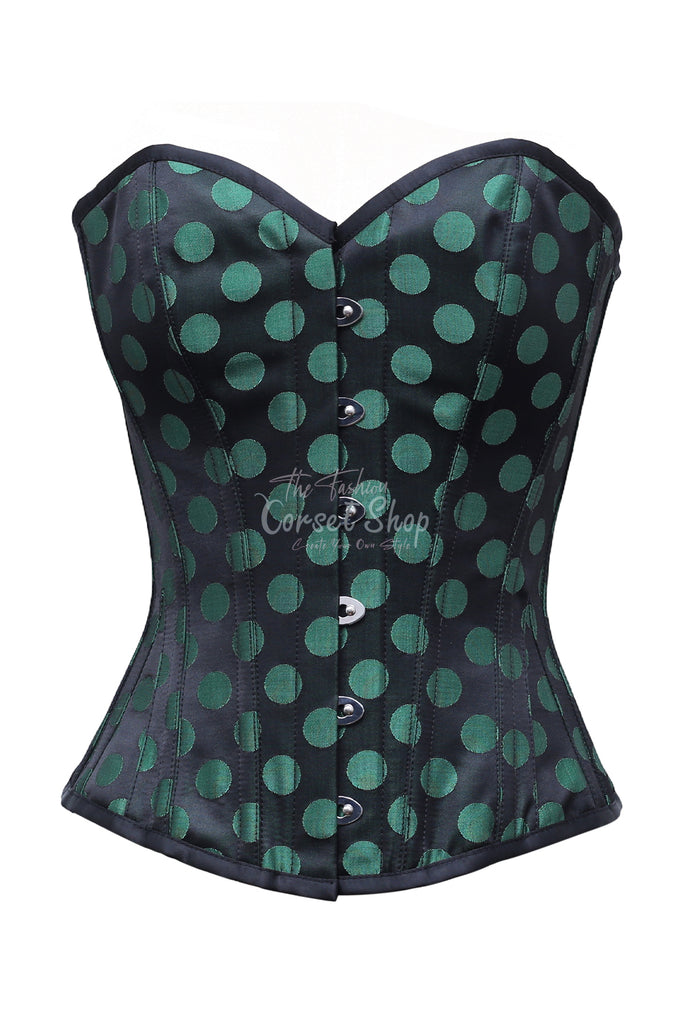 Carson Green Polka Dot On Black Satin Overbust Corset