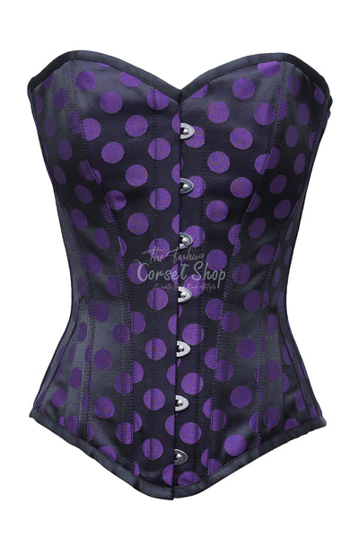 Signe Purple Polka Dot On Black Satin Overbust Corset