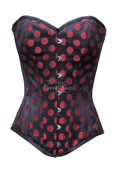 Jacobine Red Polka Dot On Black Satin Overbust Corset