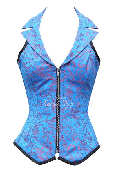 Thewlis Red Turquoise Brocade Overbust Corset With Zip Front