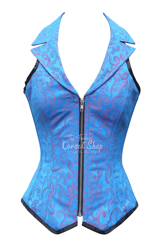 Flatters Red Turquoise Brocade Overbust Corset With Zip Front