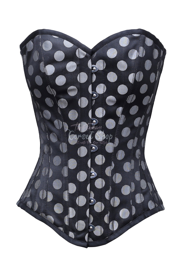 Karlina Silver Polka Dot On Black Satin Overbust Corset