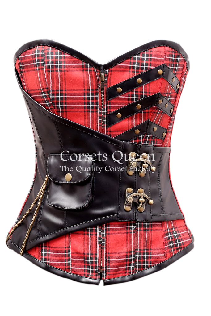 Shand Tartan With Faux Leather Overbust Corset - Corsets Queen US-CA