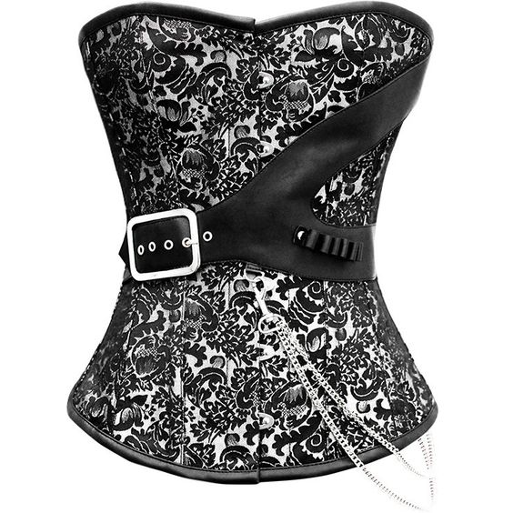 Sasja Silver Brocade Overbust Corset With Chain Details - Corsets Queen US-CA