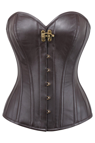 Glebova Brown Faux Leather Steampunk Overbust Corset - Corsets Queen US-CA