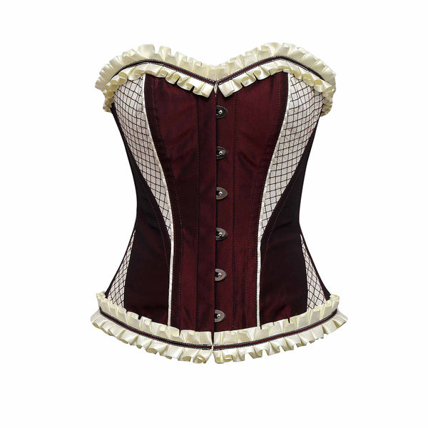 Kovac Burgundy Maroon Cream Embroidery Taffeta Overbust Corset With Frill - Corsets Queen US-CA