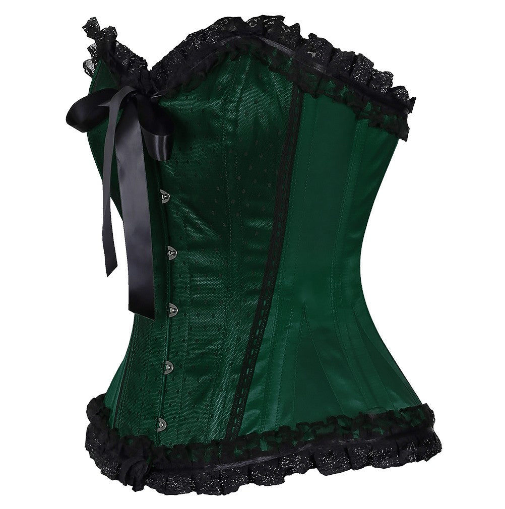 Francescaa Satin Lace Overlay Burlesque Corset- Green Corset Elegant With Kali- Green Dress– Corsets Queen US-CA