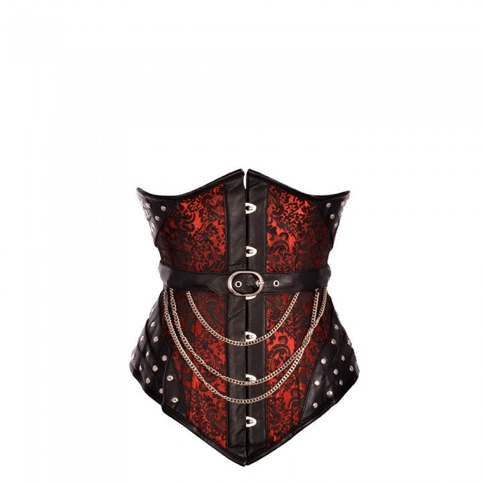 Red and Black Brocade and leather LONGLINE Underbust Bustier Corset Top
