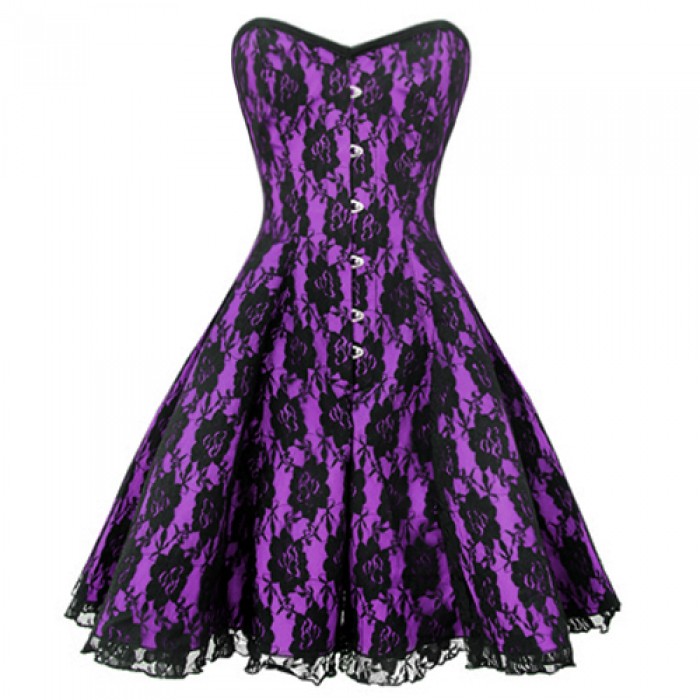 Niya Gothic Net Overlay Corset Dress- Purple Satin Overbust Corset Dress- Fashion Corset– Corsets Queen US-CA