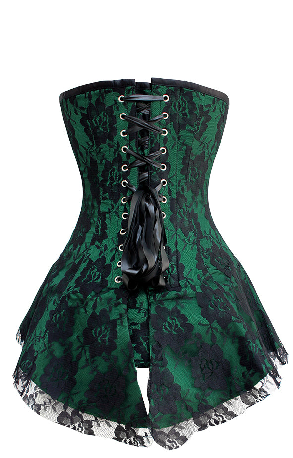 Odette Gothic Net Overlay Corset Dress- Green Satin Overlay Corset Dress, Green Dress– Corsets Queen US-CA