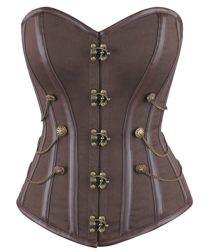 Niquole Steampunk Cotton Overbust Corset- Brown Corset Dress- Brown Leather  Corset Top – Corsets Queen AU