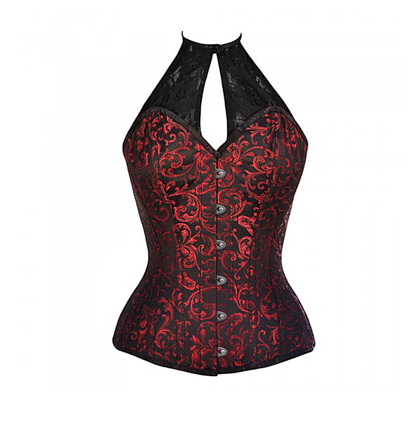 Tino Red Brocade Corset With Lace Halterneck - Corsets Queen US-CA