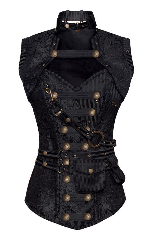 Blunt Black Steampunk Corset With Black Removable Pouch - Corsets Queen US-CA