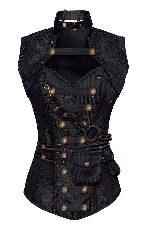 Blunt Black Steampunk Corset With Black Removable Pouch- Black Brocade Black Corset Dress Corsets Queen US-CA Blunt Black Steampunk Corset With Black Removable Pouch- Black Brocade Black Corset Dress Corsets Queen US-CA