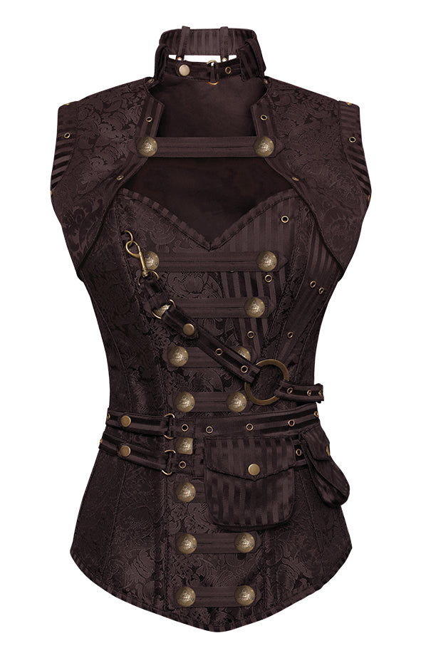 Winslet Brown Steampunk Corset With Brown Removable Pouch - Corsets Queen US-CA