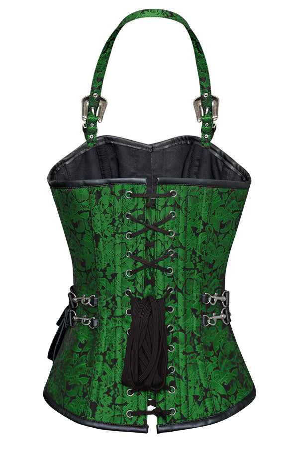 Naomie Green Corset with Strap and Faux Leather Pouch- Green Brocade Overbust Corset Dress– Corsets Queen US-CA
