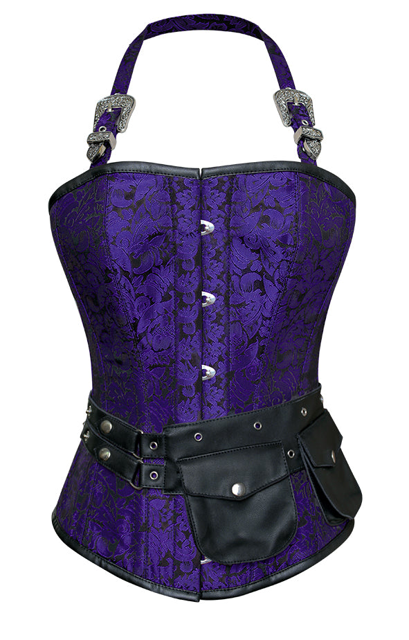 Rosamund Purple Corset with Strap and Faux Leather Pouch - Corsets Queen US-CA