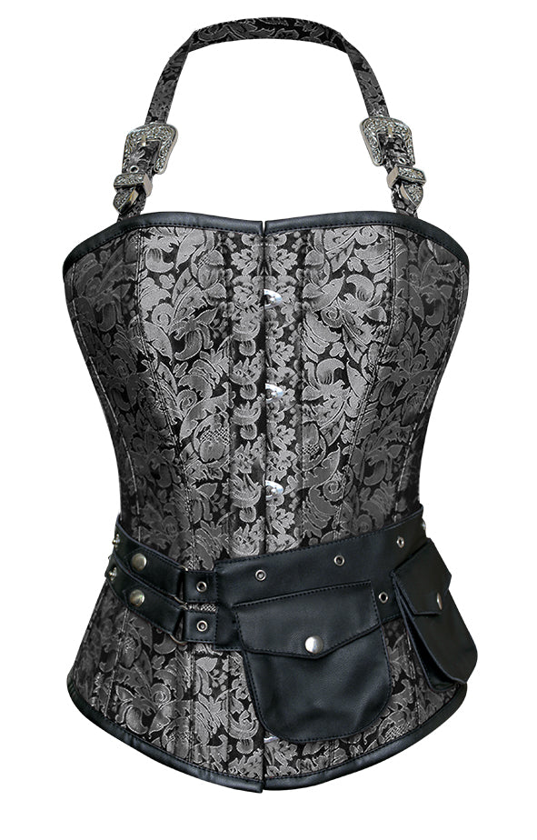Christie Silver Corset with Strap and Faux Leather Pouch - Corsets Queen US-CA