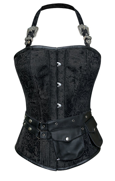 Andrews Black Corset with Strap and Faux Leather Pouch - Corsets Queen US-CA