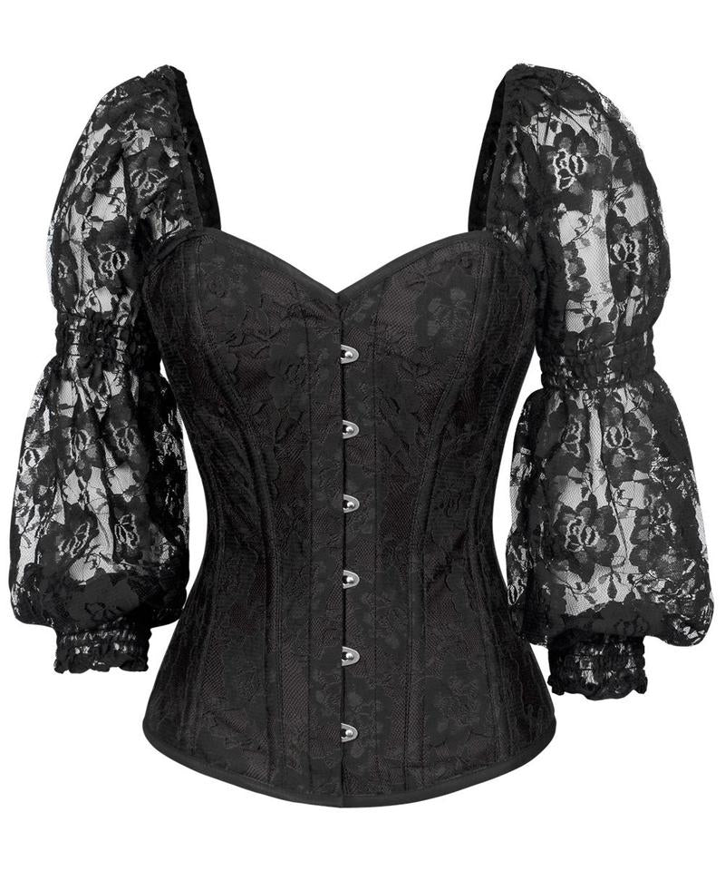 Shayk Lace Overlay Black Overbust Corset with Attached Sleeve - Corsets Queen US-CA
