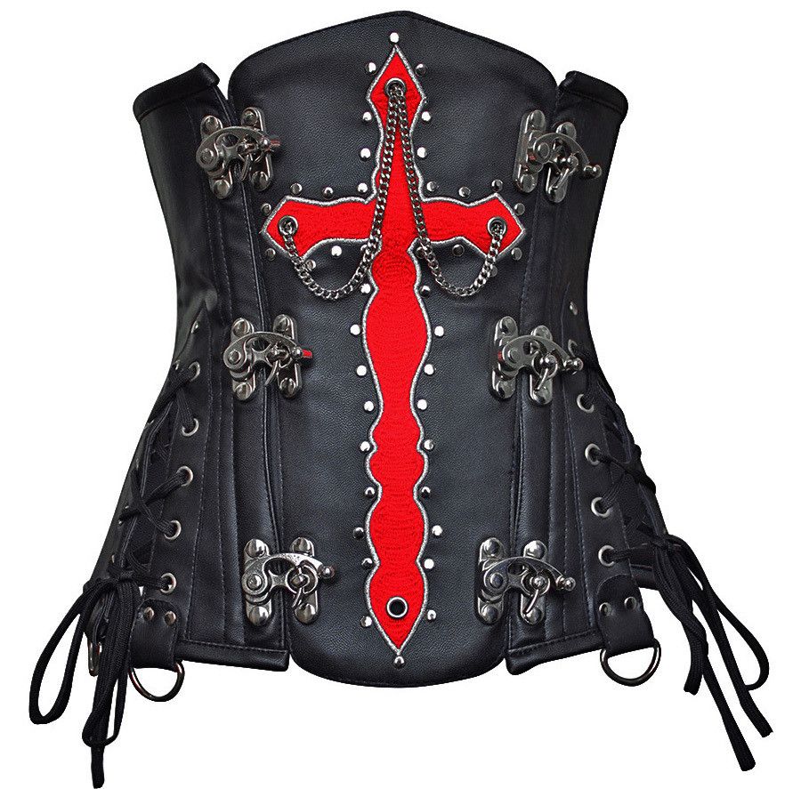 Olesya Blood Crossed Black Faux Leather Underbust Corset - Corsets Queen US-CA