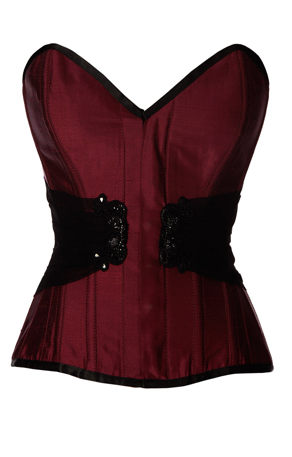 Brady Embroidered Burgundy Satin Overbust Corset - Corsets Queen US-CA