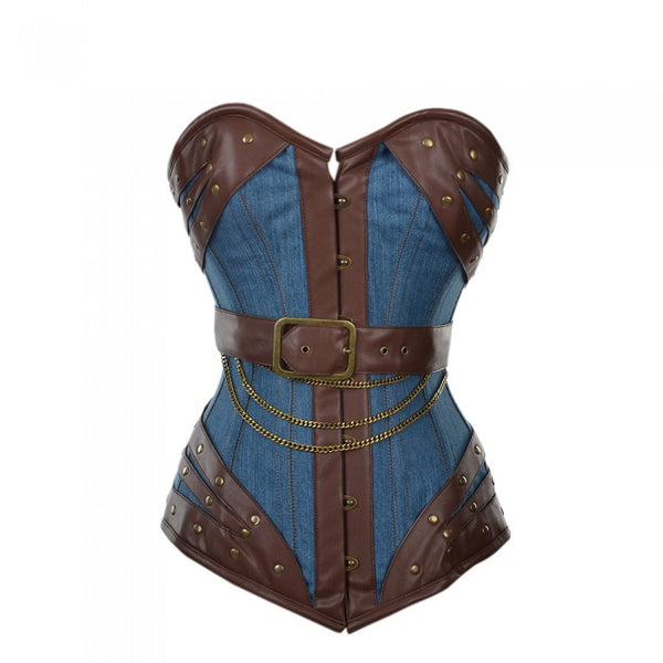 Harnock Denim Overbust Corset With Brown Faux Leather Buckle Detail - Corsets Queen US-CA