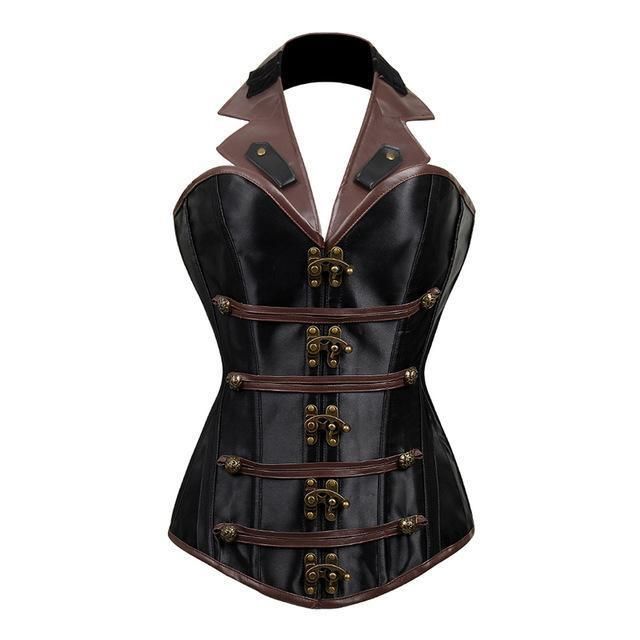 Raffaella Steampunk Corset - Black Satin & Faux Leather Corset Dress - Authentic Corset Dress Corsets Queen US-CA Raffaella Steampunk Corset - Black Satin & Faux Leather Corset Dress - Authentic Corset Dress Corsets Queen US-CA